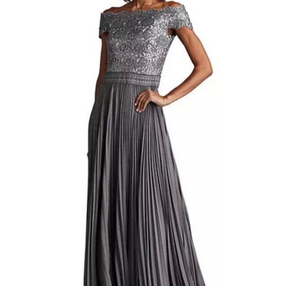 Tadashi Shoji Grey Silver Mist Off the Shoulder Sequin Lace Pleated Gown